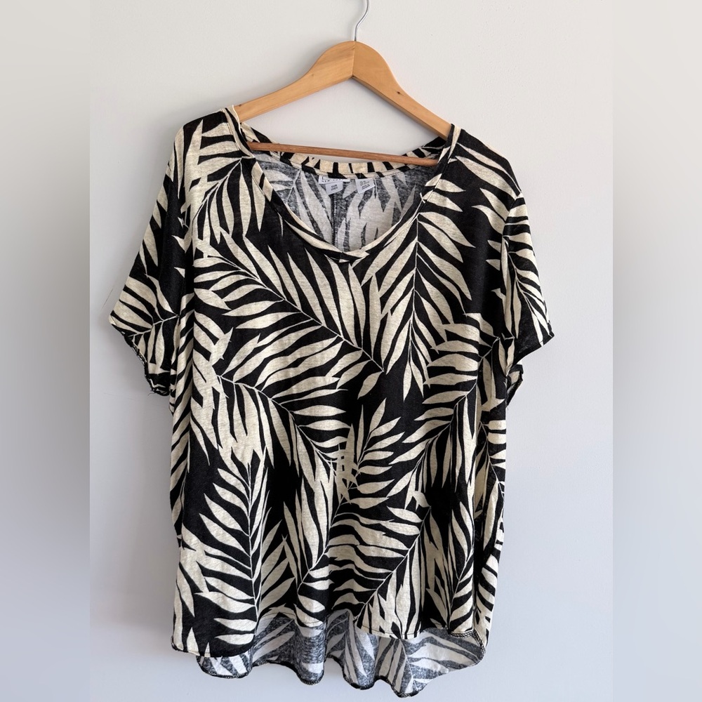 Nicole Miller New York Linen Top 3X Palm Leaf Print Coastal Beachy Travel Resort
